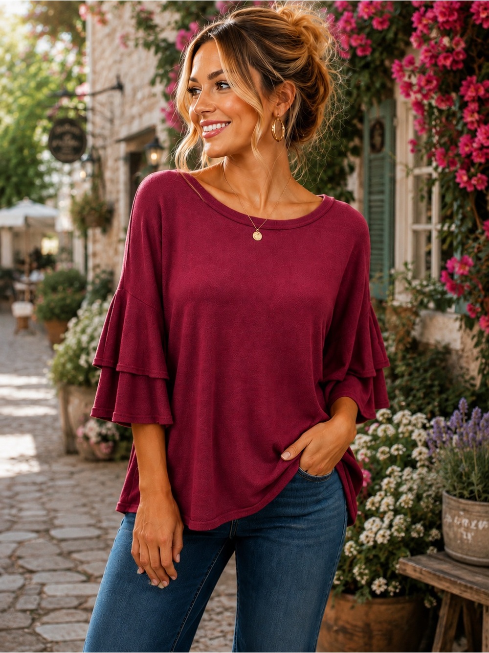 It’s Our Time Burgundy Tiered Ruffle Sleeve Top XL